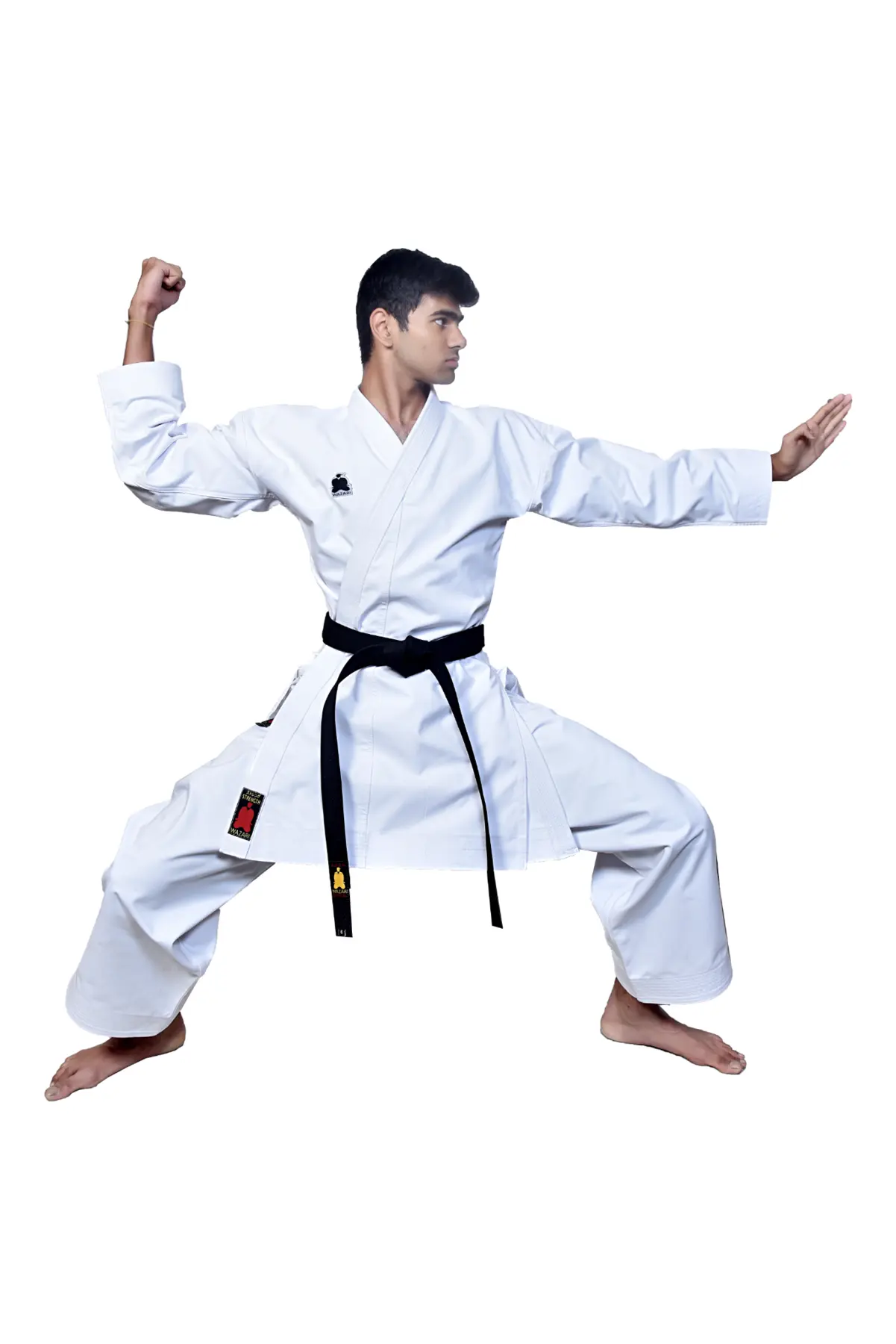 WAZARI Strength kata uniform in a strong stance